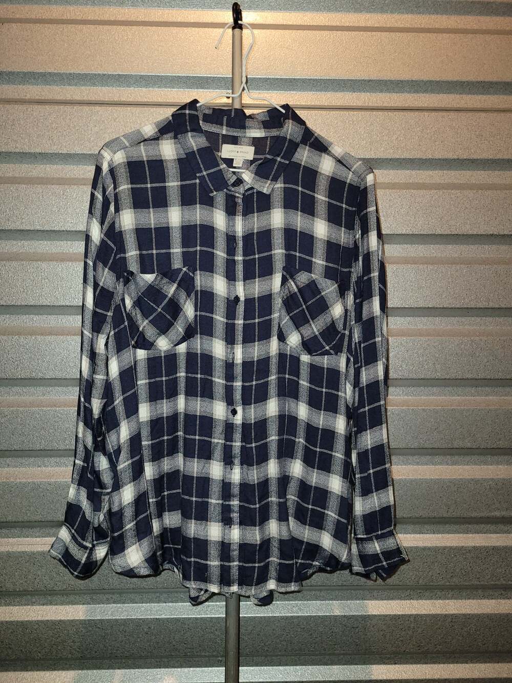 Lucky Brand Women's XL Navy White Plaid Button Down Shirt